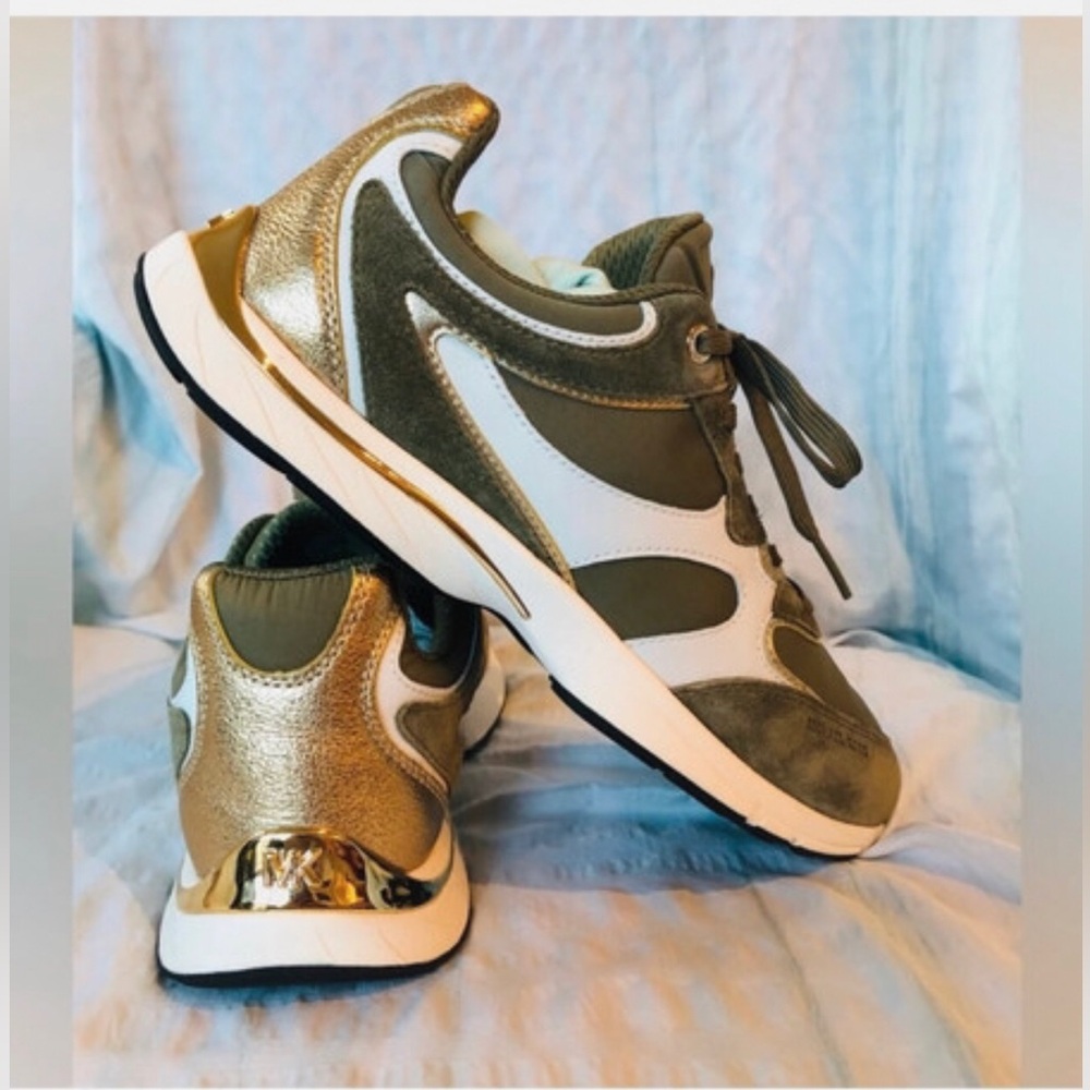 Michael Kors Olive Green and Gold Women's Sneakers excellent condition